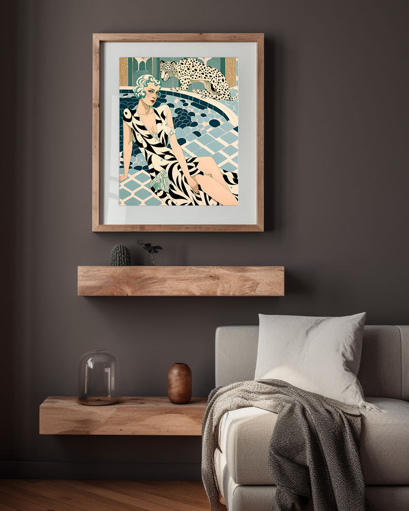 Roaring 20s Art Deco Flapper Portrait Wall Art, Original Art Print, Vintage Painting, Interior Design, Eclectic Mod Boho Decor, Lux Fashion, living room art, bathroom art, office art, bedroom art, fashion glamour, leopard, kitchen art, cat, big cats, leopard print, rockabilly, pinup style, pin up