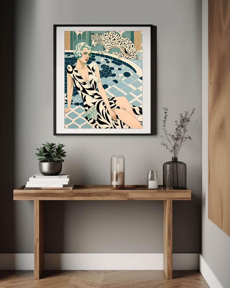 Roaring 20s Art Deco Flapper Portrait Wall Art, Original Art Print, Vintage Painting, Interior Design, Eclectic Mod Boho Decor, Lux Fashion, living room art, bathroom art, office art, bedroom art, fashion glamour, leopard, kitchen art, cat, big cats, leopard print, rockabilly, pinup style, pin up