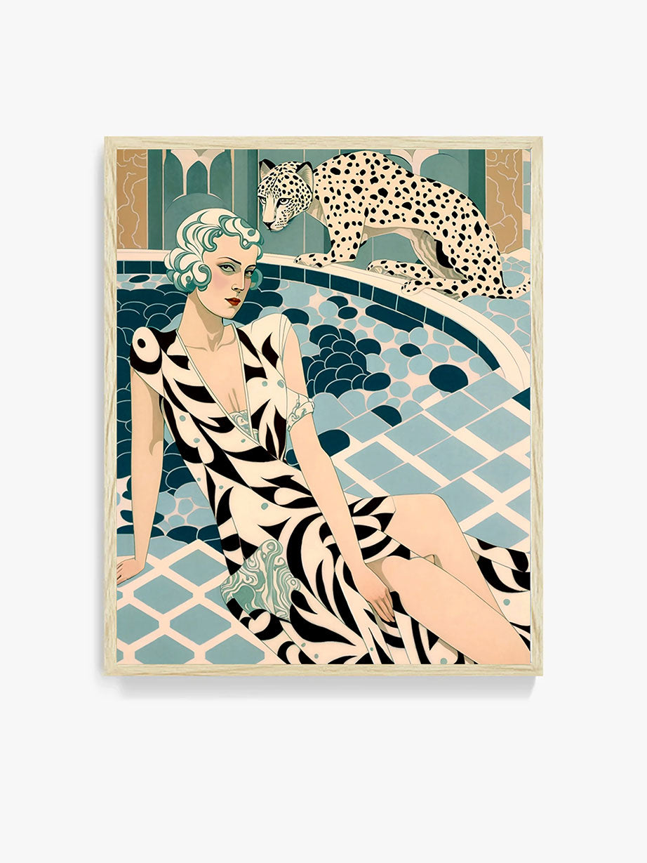 Roaring 20s Art Deco Flapper Portrait Wall Art, Original Art Print, Vintage Painting, Interior Design, Eclectic Mod Boho Decor, Lux Fashion, living room art, bathroom art, office art, bedroom art, fashion glamour, leopard, kitchen art, cat, big cats, leopard print, rockabilly, pinup style, pin up