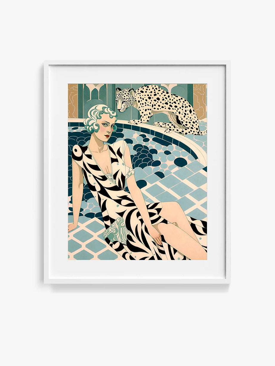 Roaring 20s Art Deco Flapper Portrait Wall Art, Original Art Print, Vintage Painting, Interior Design, Eclectic Mod Boho Decor, Lux Fashion, living room art, bathroom art, office art, bedroom art, fashion glamour, leopard, kitchen art, cat, big cats, leopard print, rockabilly, pinup style, pin up