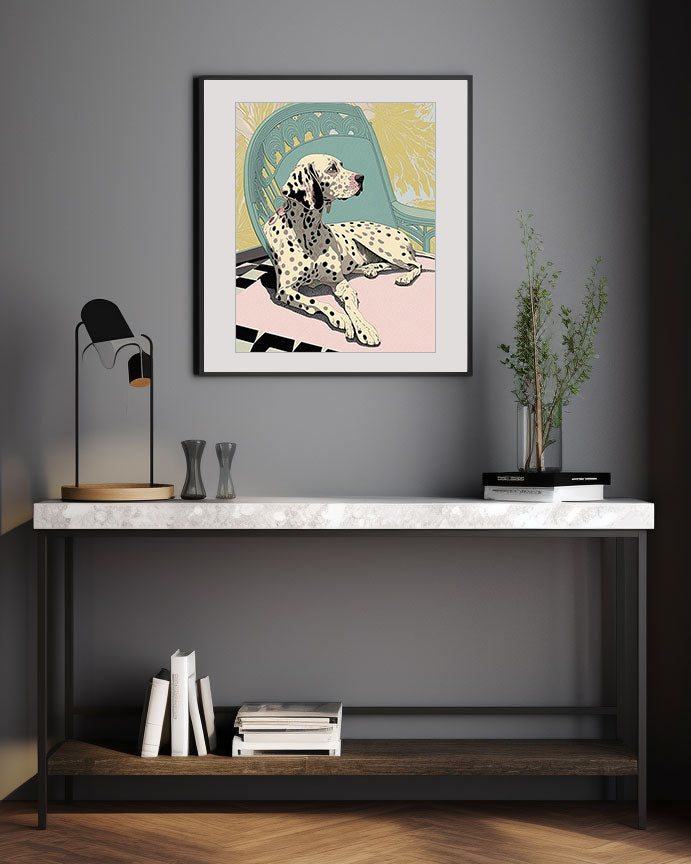 Roaring 20s Art Deco Flapper Portrait Wall Art, Original Art Print, Vintage Painting, Interior Design, Eclectic Mod Boho Decor, Lux Fashion, living room art, bathroom art, office art, bedroom art, fashion glamour, kitchen art, flowers, MCM, midcentury modern, dalmation dog, pastel colors, screenprint art