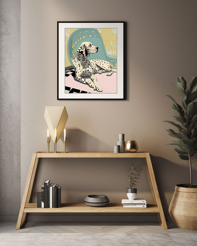 Roaring 20s Art Deco Flapper Portrait Wall Art, Original Art Print, Vintage Painting, Interior Design, Eclectic Mod Boho Decor, Lux Fashion, living room art, bathroom art, office art, bedroom art, fashion glamour, kitchen art, flowers, MCM, midcentury modern, dalmation dog, pastel colors, screenprint art