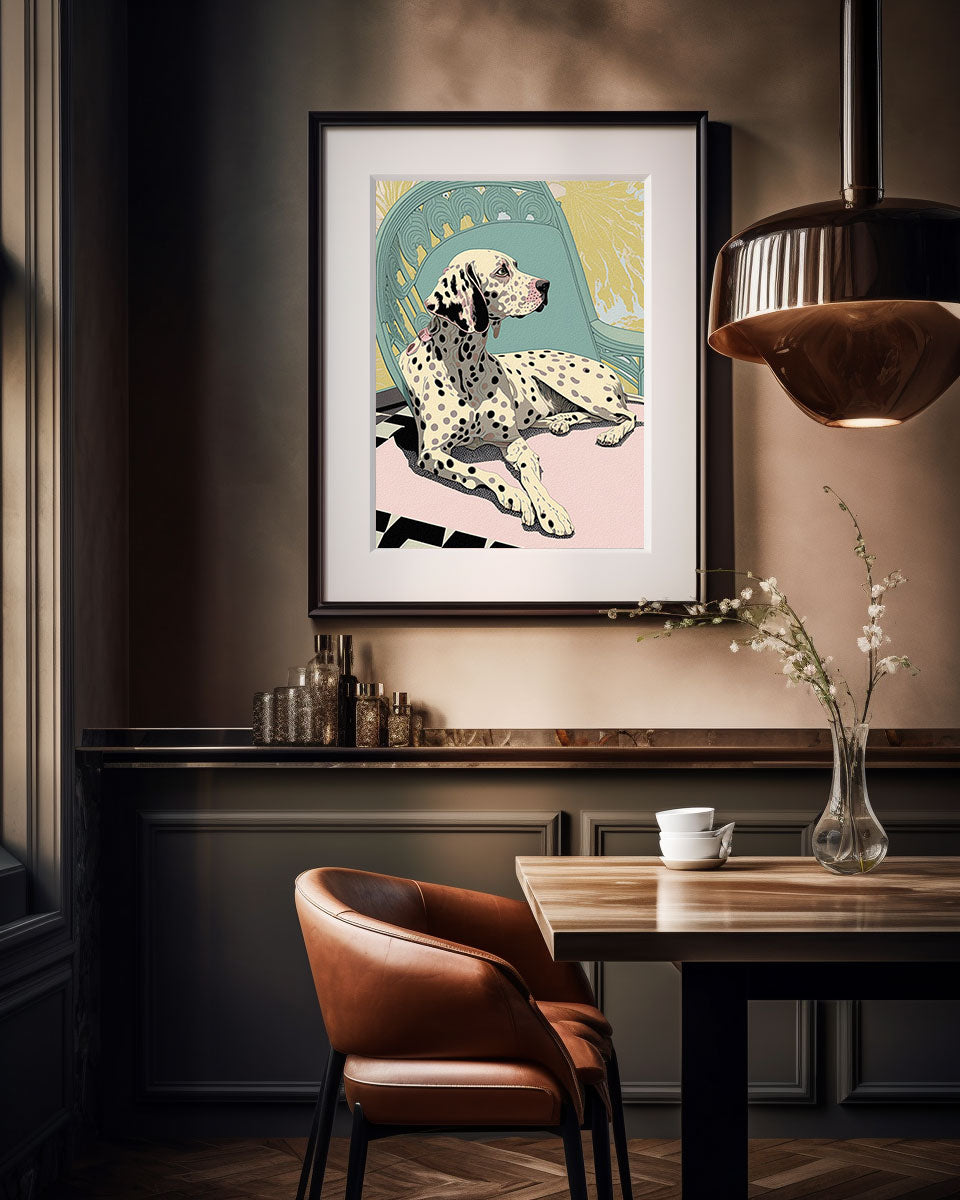 Roaring 20s Art Deco Flapper Portrait Wall Art, Original Art Print, Vintage Painting, Interior Design, Eclectic Mod Boho Decor, Lux Fashion, living room art, bathroom art, office art, bedroom art, fashion glamour, kitchen art, flowers, MCM, midcentury modern, dalmation dog, pastel colors, screenprint art