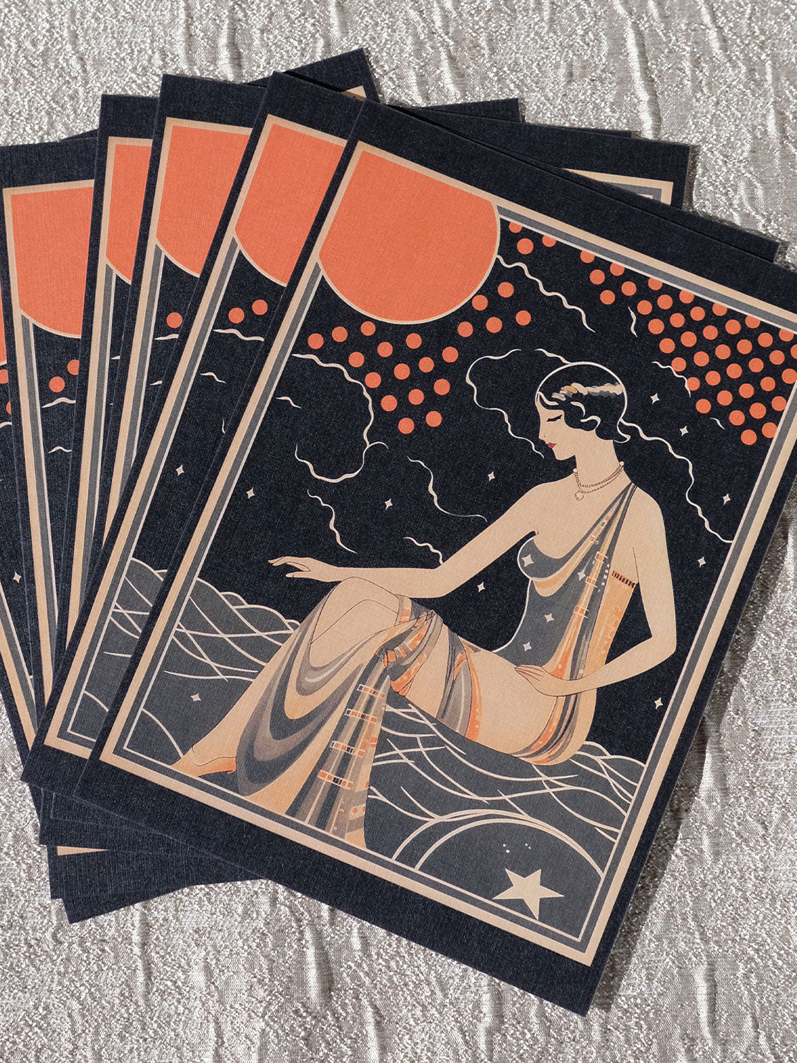 5x7" Postcard Art Card Size: Black and orange colors, Roaring 20s Art Deco Flapper, Vintage Illustration Design, Eclectic Mod Boho Art, Lux Chic Fashion, Lunar Moon Stars, Galaxy, Zodiac