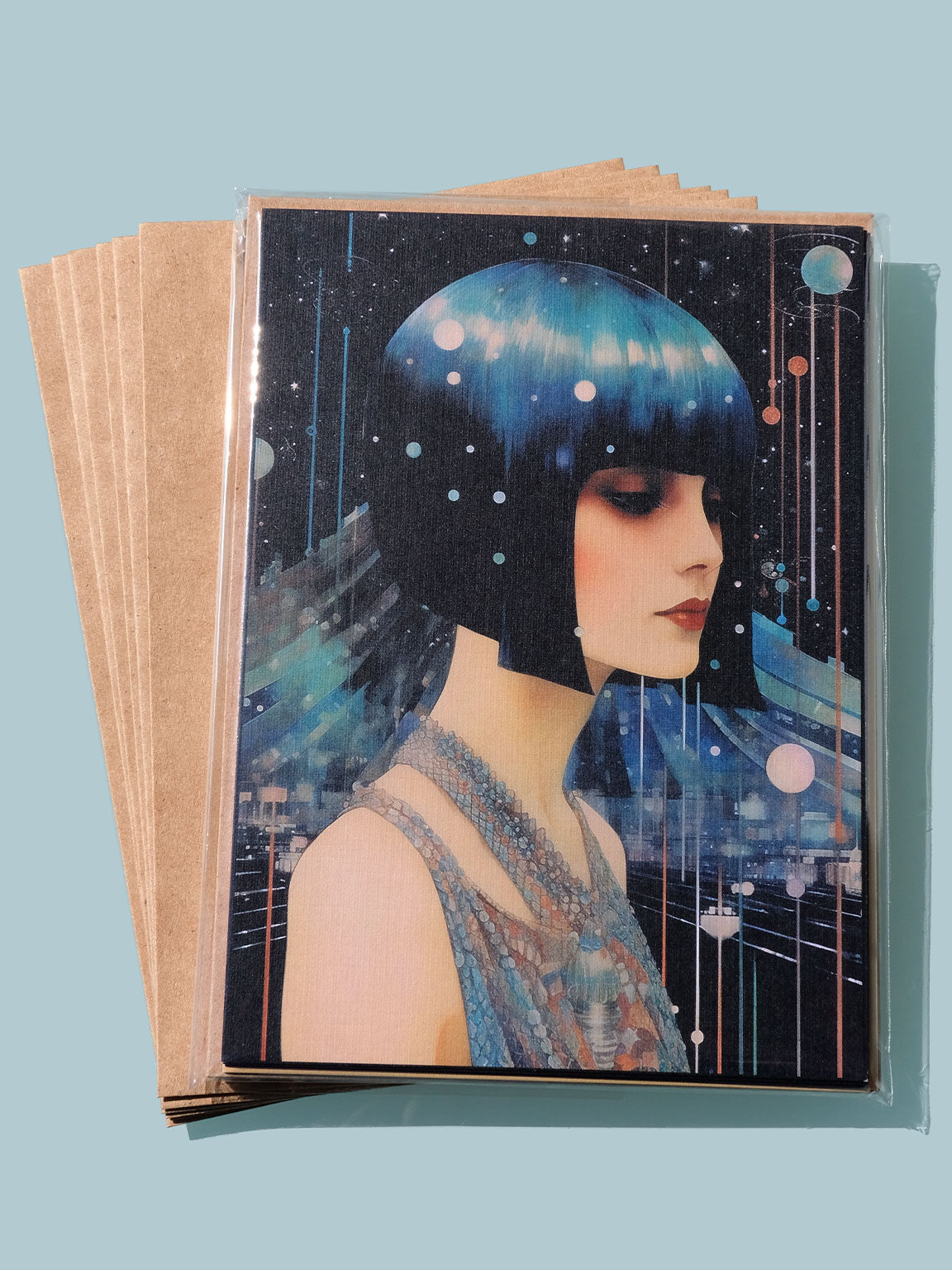 6-Pack: 5x7" Postcard + Self Seal Brown Envelope: "Blue Dream Galaxy" | Roaring 20s Art Deco Flapper, Vintage Illustration Design, Eclectic Mod Boho Art, Lux Chic Fashion, Lunar Moon Stars, Galaxy, Zodiac