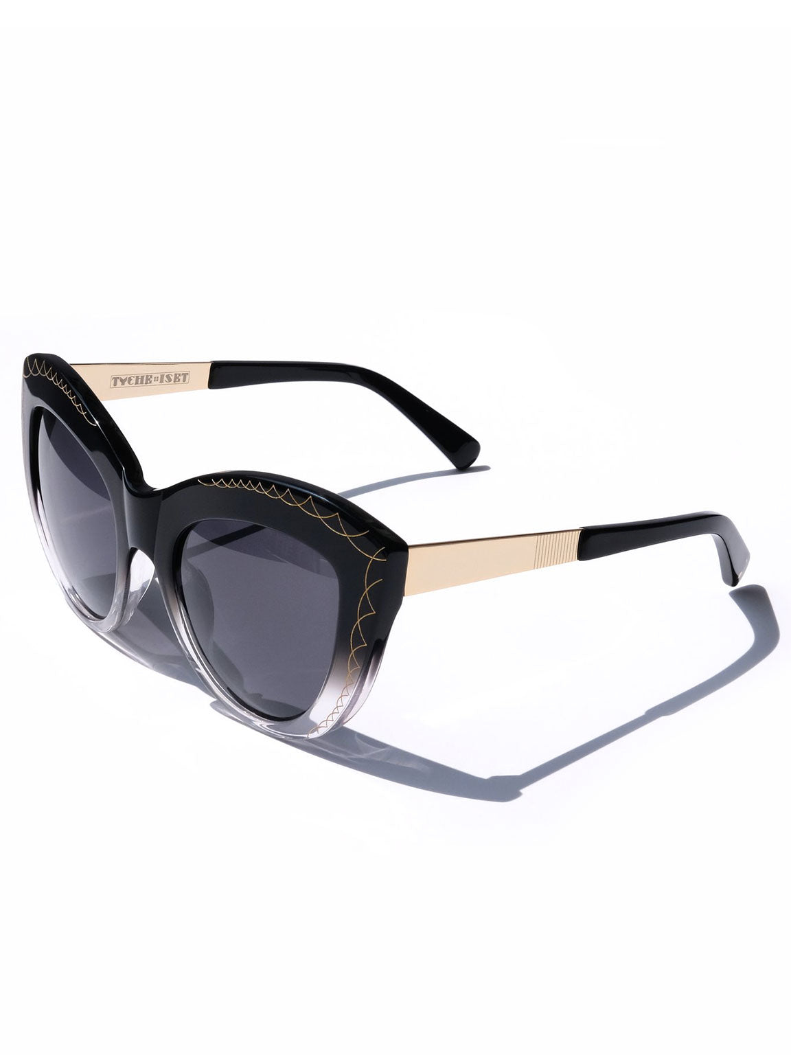 OVERSIZED BLACK CAT EYE SUNGLASSES, GOLD METAL DETAILS. GREY GRADIENT LENS. ART DECO DESIGN, LIMITED EDITION. DESIGNER EYEWEAR, LUXURY SUNGLASSES. CELEBRITY SUNGLASSES. FEMALE ENTREPRENEUR. plus size fashion