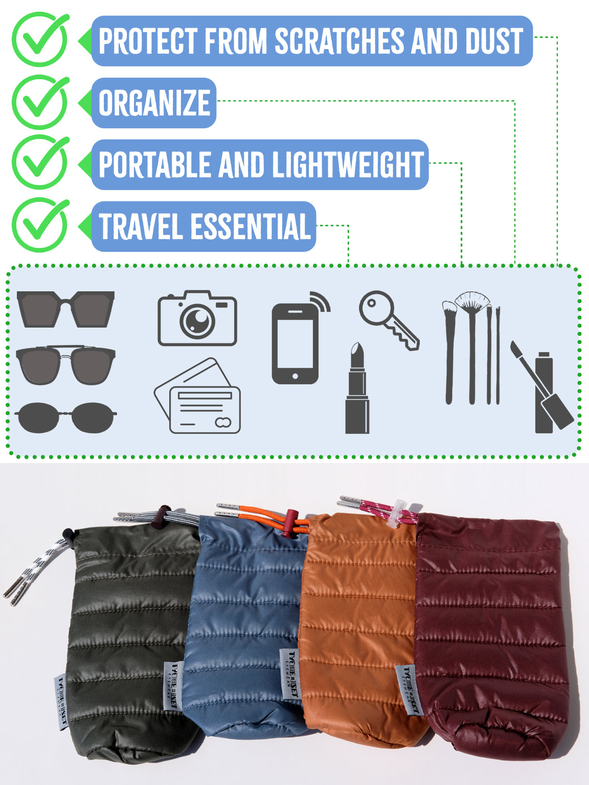 eyewear case, soft eyewear case, optical accessories, sunglass pouch sleeve, available in four colors, made from recycled materials, drawstring pouch for accessories, keys, makeup, phone, wallet, camera and more, travel essentials, luxury optical extras, unisex, organize items, protect from scratches and dust, outdoor activities