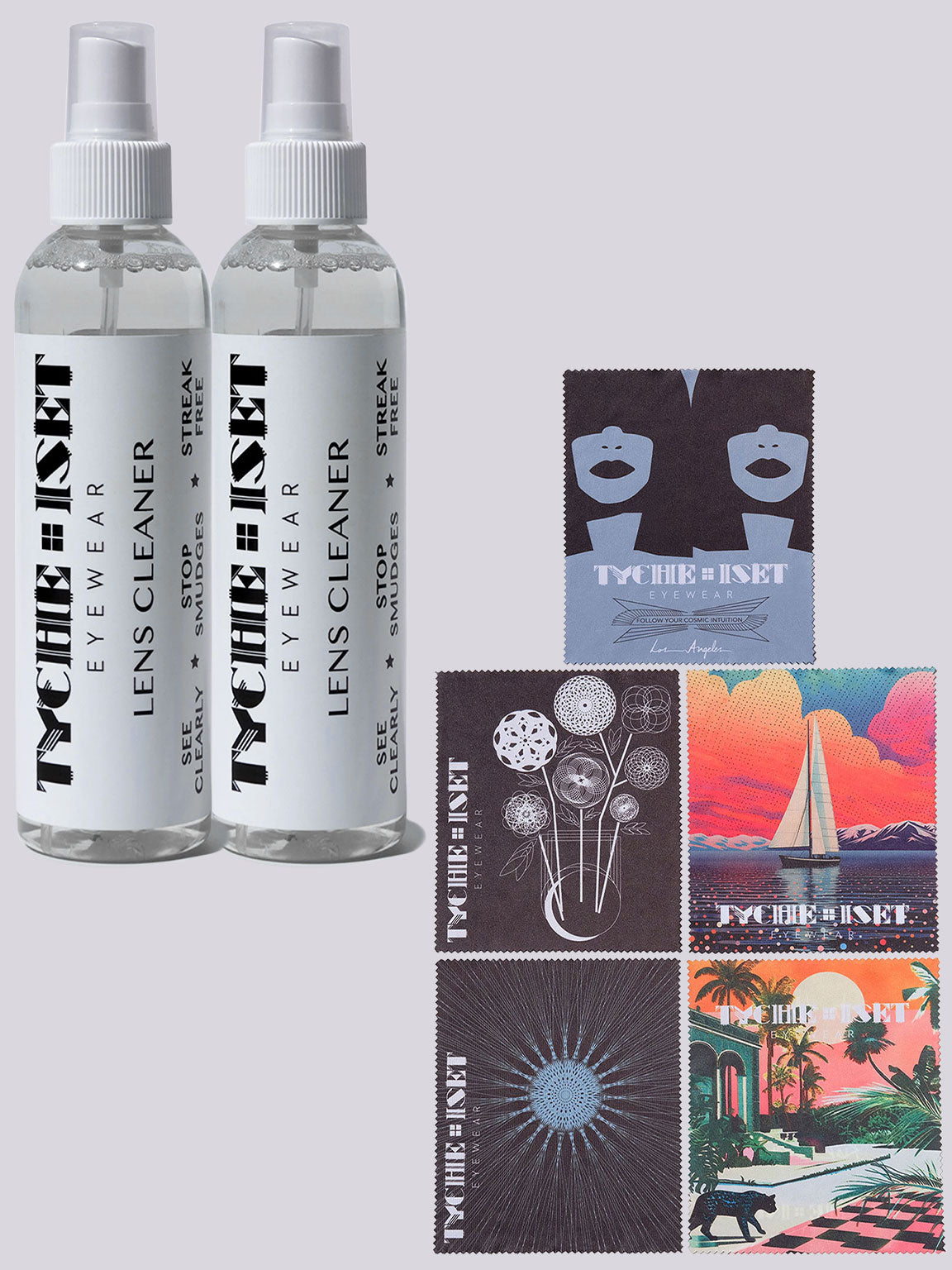 Eyewear Lens Cleaning Kit, Lens Cleaner Made in USA, Glasses Cleaning Bundle Pack, Travel Kit Essentials, eyewear cleaning cloth, 5 designs, travel accessories, eyewear accessories, microfiber cloth, artwork designs, graphic design, flowers, goddesses, sailboat, sun, moon, wheel, paradise jaguar, aztec mythology, colorful art, original art