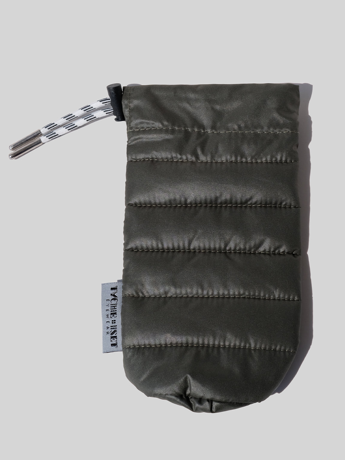 olive green eyewear case, soft eyewear case, optical accessories, sunglass pouch sleeve, available in four colors, made from recycled materials, drawstring pouch for accessories, keys, makeup, phone, wallet, camera and more, travel essentials, luxury optical extras, unisex, organize items, protect from scratches and dust, outdoor activities