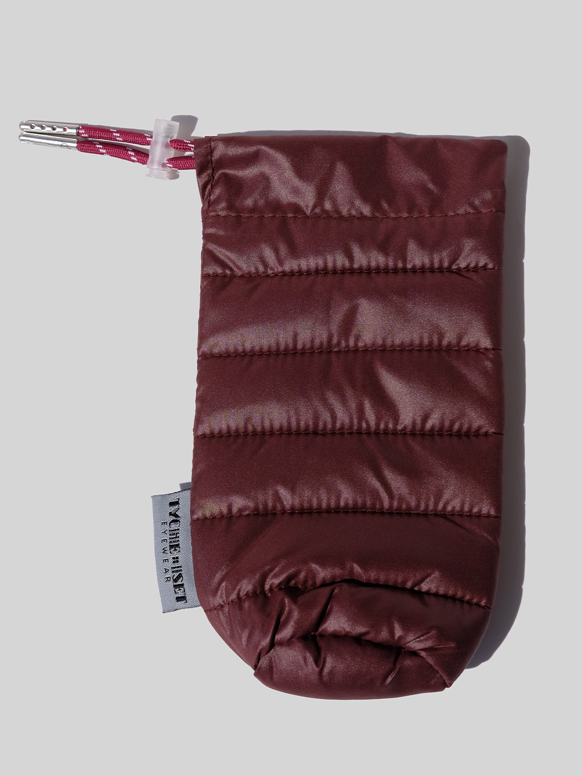 maroon eyewear case, soft eyewear case, optical accessories, sunglass pouch sleeve, available in four colors, made from recycled materials, drawstring pouch for accessories, keys, makeup, phone, wallet, camera and more, travel essentials, luxury optical extras, unisex, organize items, protect from scratches and dust, outdoor activities