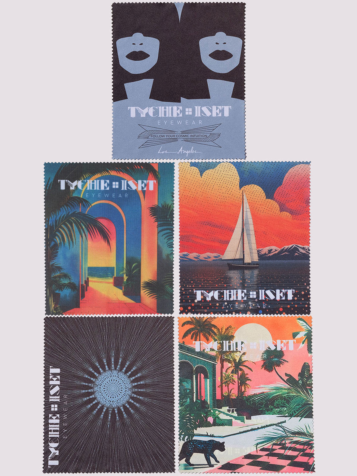 colorful eyewear cleaning cloths, 5 designs, art design, travel accessories, eyewear accessories, microfiber cloth, artwork designs, graphic design, path to paradise, goddesses, sailboat, sun, moon, wheel, paradise jaguar, aztec mythology, colorful art, original art