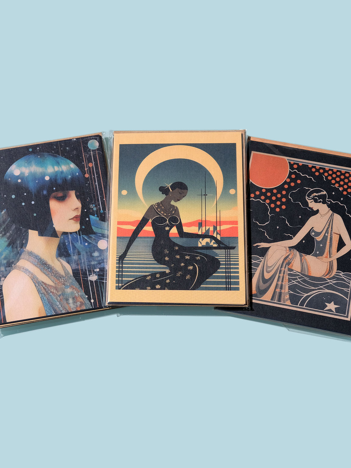 art postcards, art deco design, 1920s flapper, cosmic zodiac ocean, illustration, italian cotton linen, female portraits