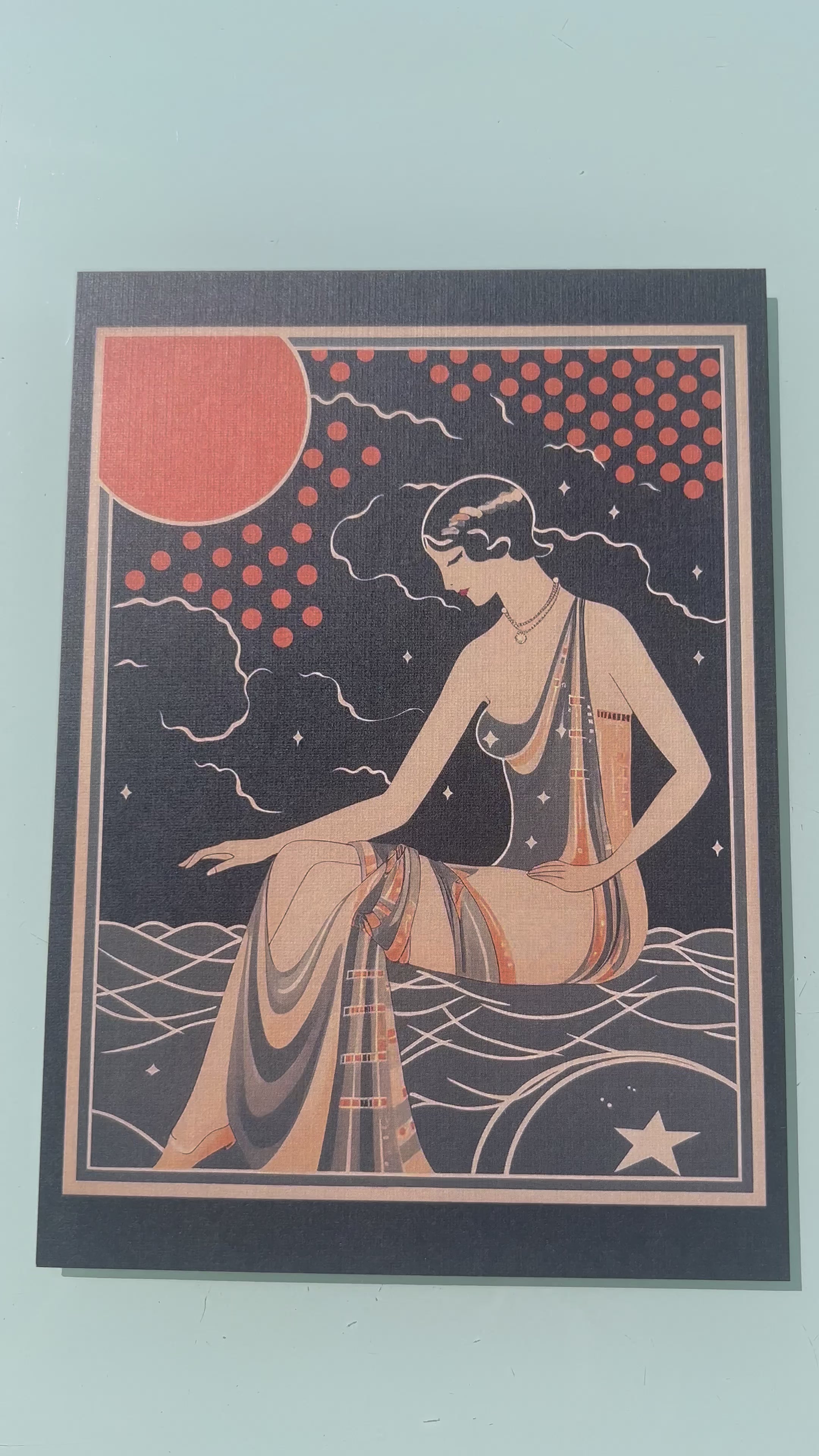 5x7" Postcard Art Card Size: Black and orange colors, Roaring 20s Art Deco Flapper, Vintage Illustration Design, Eclectic Mod Boho Art, Lux Chic Fashion, Lunar Moon Stars, Galaxy, Zodiac