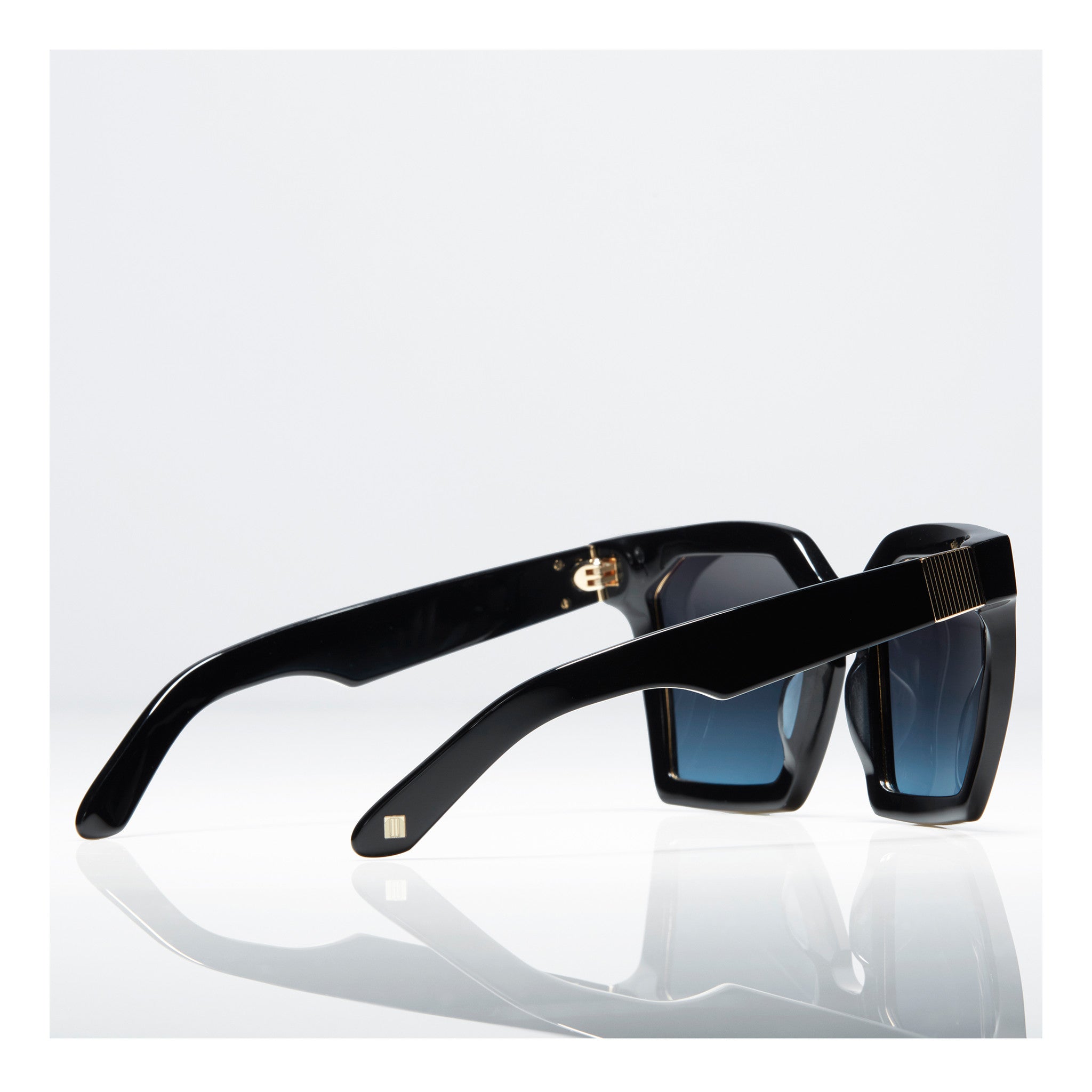 OVERSIZED BLACK SQUARE SUNGLASSES, BLUE GRADIENT LENS.