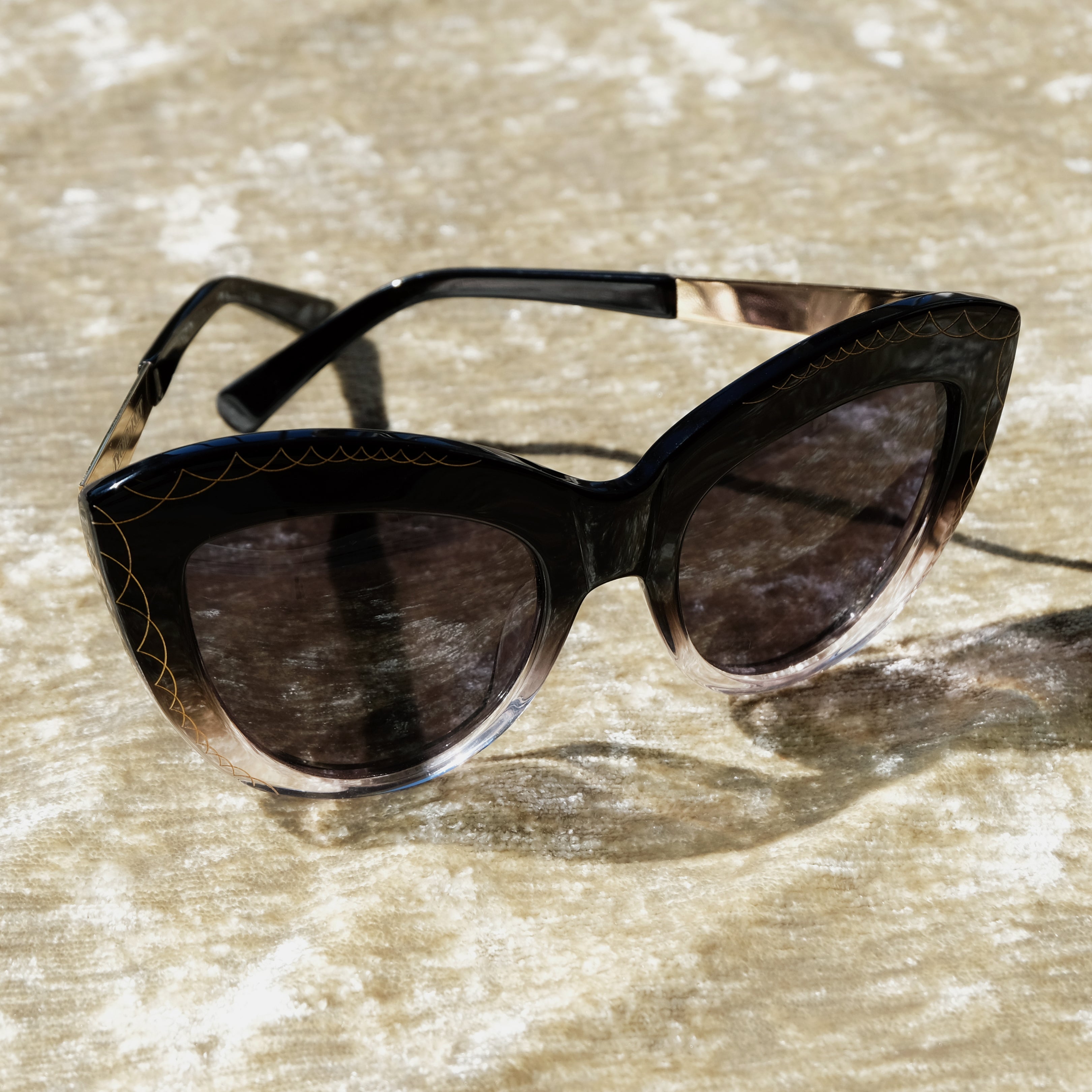 OVERSIZED BLACK CAT EYE SUNGLASSES, GOLD METAL DETAILS. GREY GRADIENT LENS. ART DECO DESIGN, LIMITED EDITION. DESIGNER EYEWEAR, LUXURY SUNGLASSES. CELEBRITY SUNGLASSES. FEMALE ENTREPRENEUR. plus size fashion