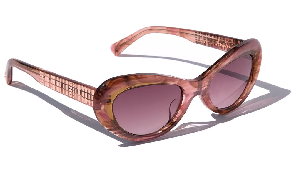 PINK AND CARAMEL BROWN ACCENTS CLASSIC CAT EYE SUNGLASSES, ROSE GOLD METAL DETAILS. MAROON LENS. ART DECO DESIGN, LIMITED EDITION. DESIGNER EYEWEAR, LUXURY SUNGLASSES. CELEBRITY SUNGLASSES. FEMALE ENTREPRENEUR.