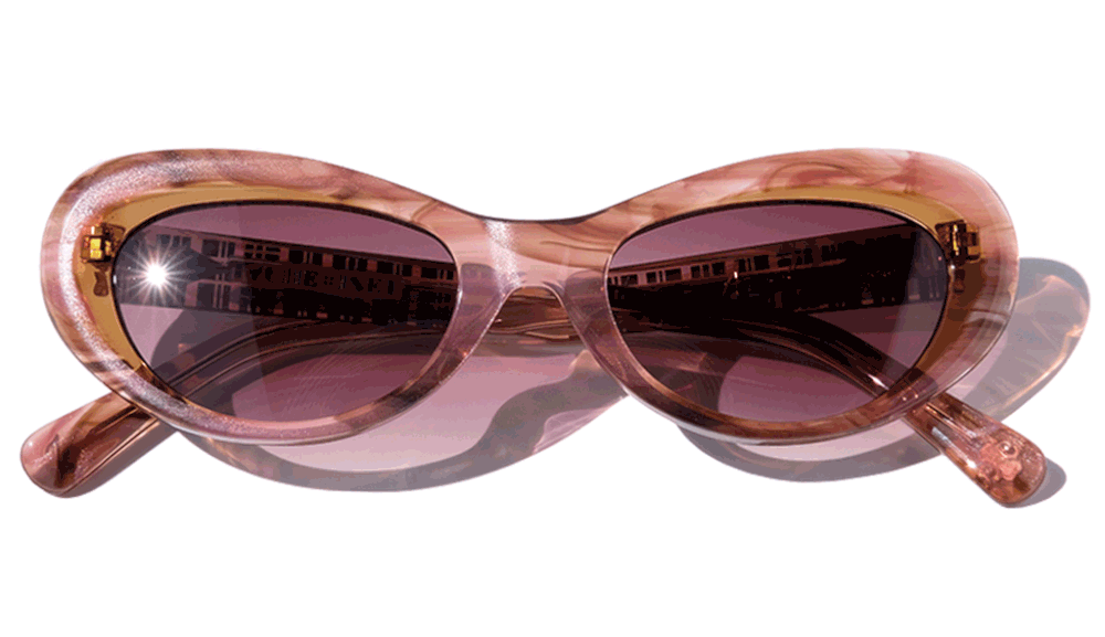 PINK AND CARAMEL BROWN ACCENTS CLASSIC CAT EYE SUNGLASSES, ROSE GOLD METAL DETAILS. MAROON LENS. ART DECO DESIGN, LIMITED EDITION. DESIGNER EYEWEAR, LUXURY SUNGLASSES. CELEBRITY SUNGLASSES. FEMALE ENTREPRENEUR.