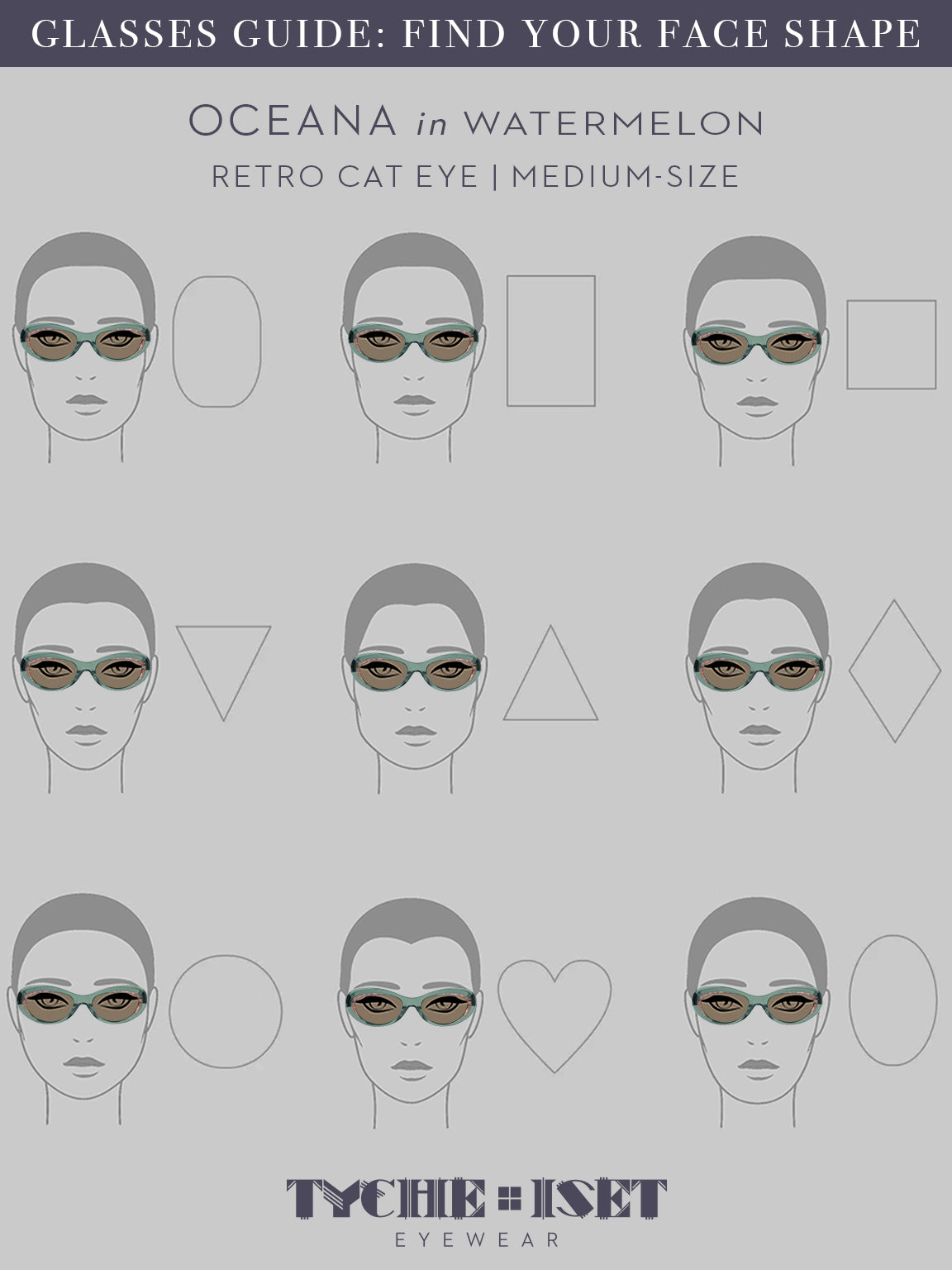 face shape guide, sunglasses face shape guide, black glasses, oversized sunglasses, woman-owned business, designer eyewear, luxury sunglasses, cat eye glasses, celebrity style, pink glasses, green sunglasses, retro style