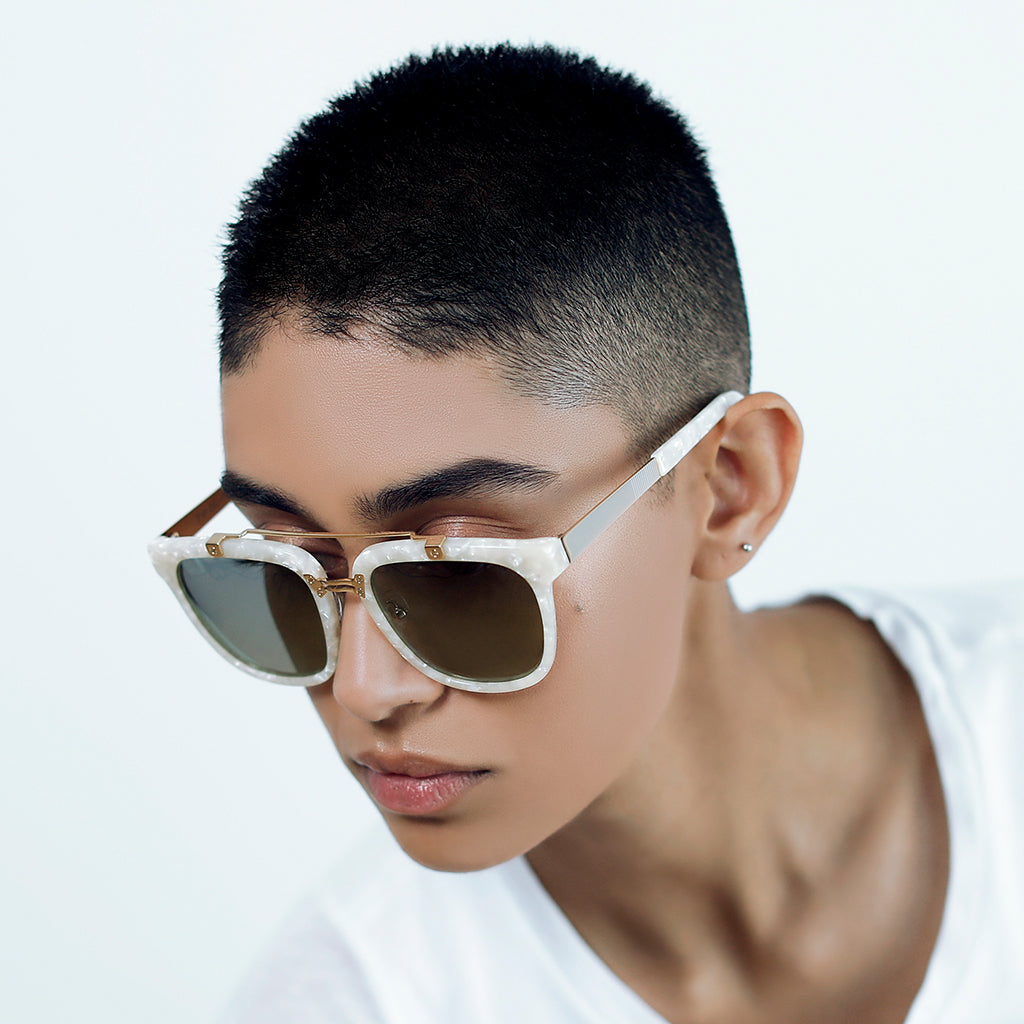 PEARL WHITE CLASSIC UNISEX ROUND SUNGLASSES, GOLD METAL DETAILS. GOLD MIRROR LENS. ART DECO DESIGN, LIMITED EDITION. DESIGNER EYEWEAR, LUXURY SUNGLASSES. CELEBRITY SUNGLASSES. FEMALE ENTREPRENEUR.