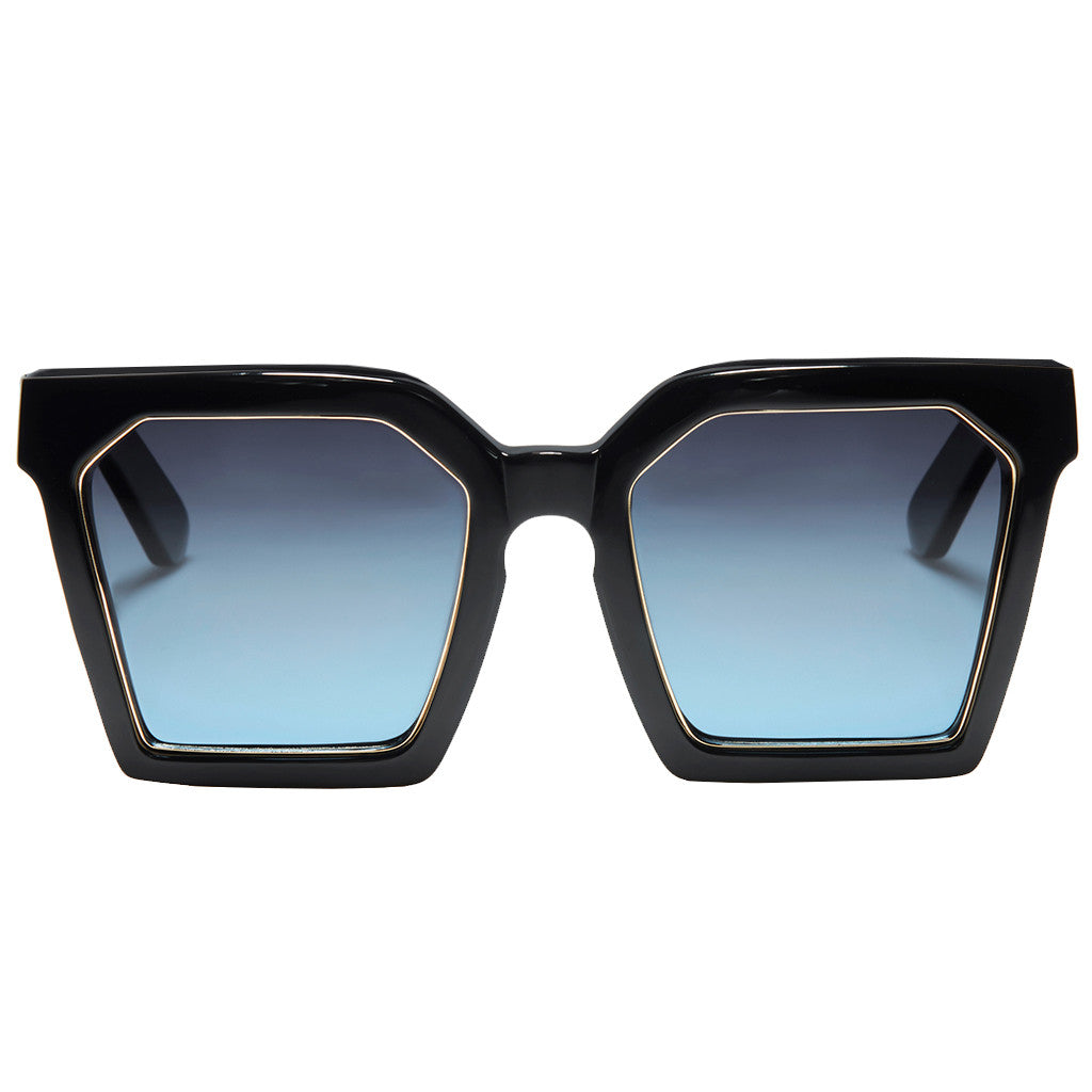 OVERSIZED BLACK SQUARE SUNGLASSES, BLUE GRADIENT LENS.