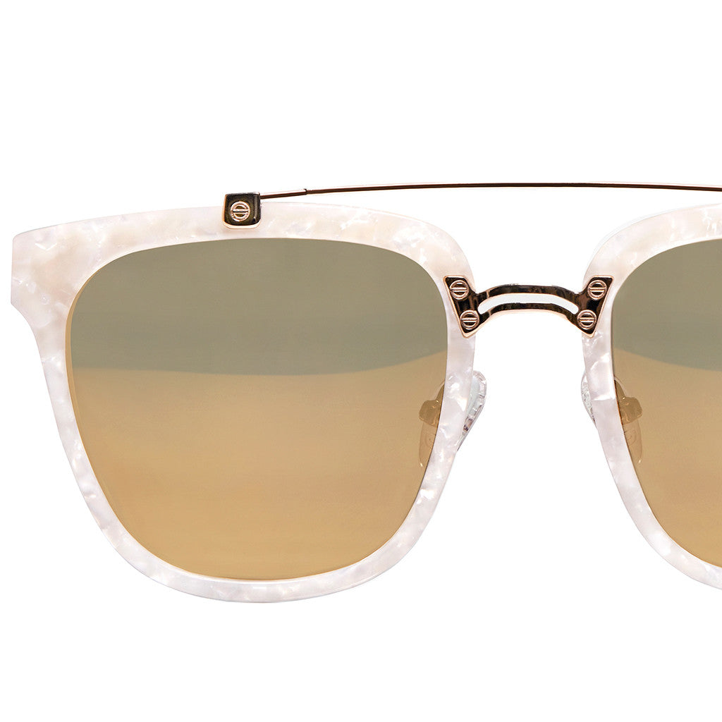 PEARL WHITE CLASSIC UNISEX ROUND SUNGLASSES, GOLD METAL DETAILS. GOLD MIRROR LENS. ART DECO DESIGN, LIMITED EDITION. DESIGNER EYEWEAR, LUXURY SUNGLASSES. CELEBRITY SUNGLASSES. FEMALE ENTREPRENEUR.