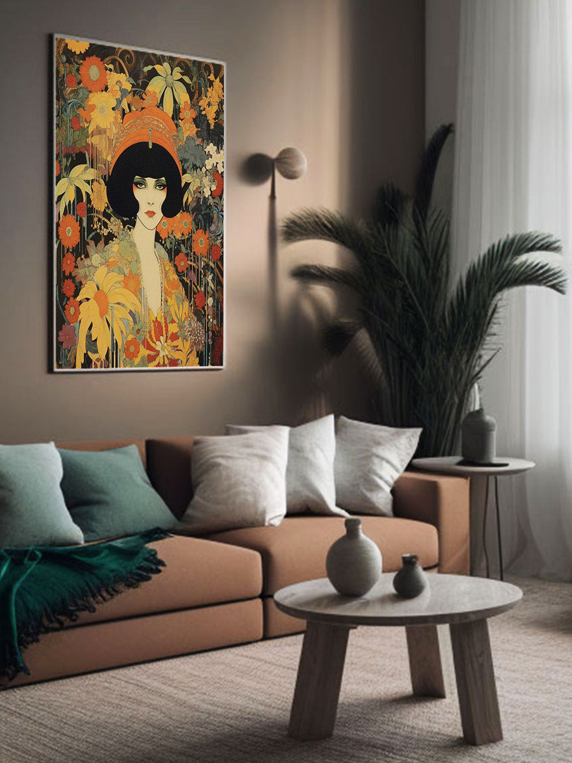 Interior Design reference photo to style Vintage Retro Art Style our art print Poster: Woman with Flowers in Orange Tones - Inspired by Art Deco, Fashion, and Classic Movies, Retro Glam Fashion Portrait, Modern Art Deco Print, Eclectic Punk Boho Decor, Vintage Flowers Wall Art, Interior Design, Moody Graphic Art, Bathroom Art, Living Room Wall Decor, Art for your Walls