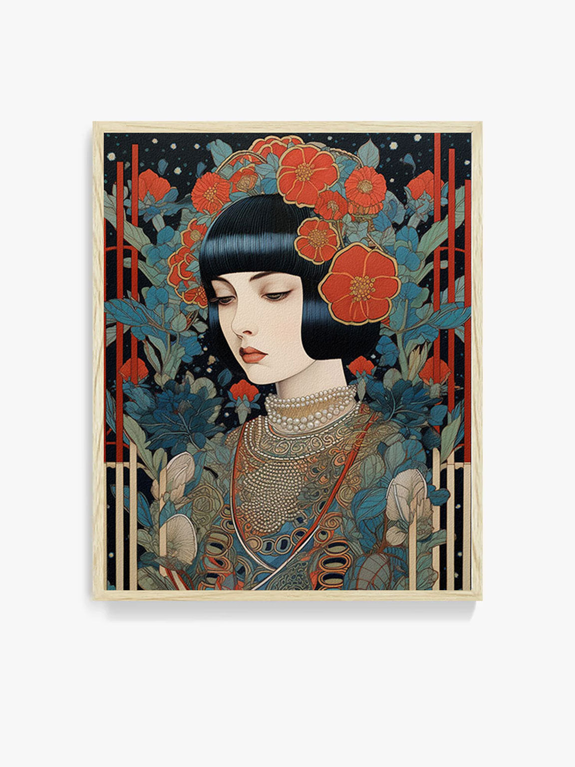Art print poster, woman with black hair, vintage retro style, red flowers