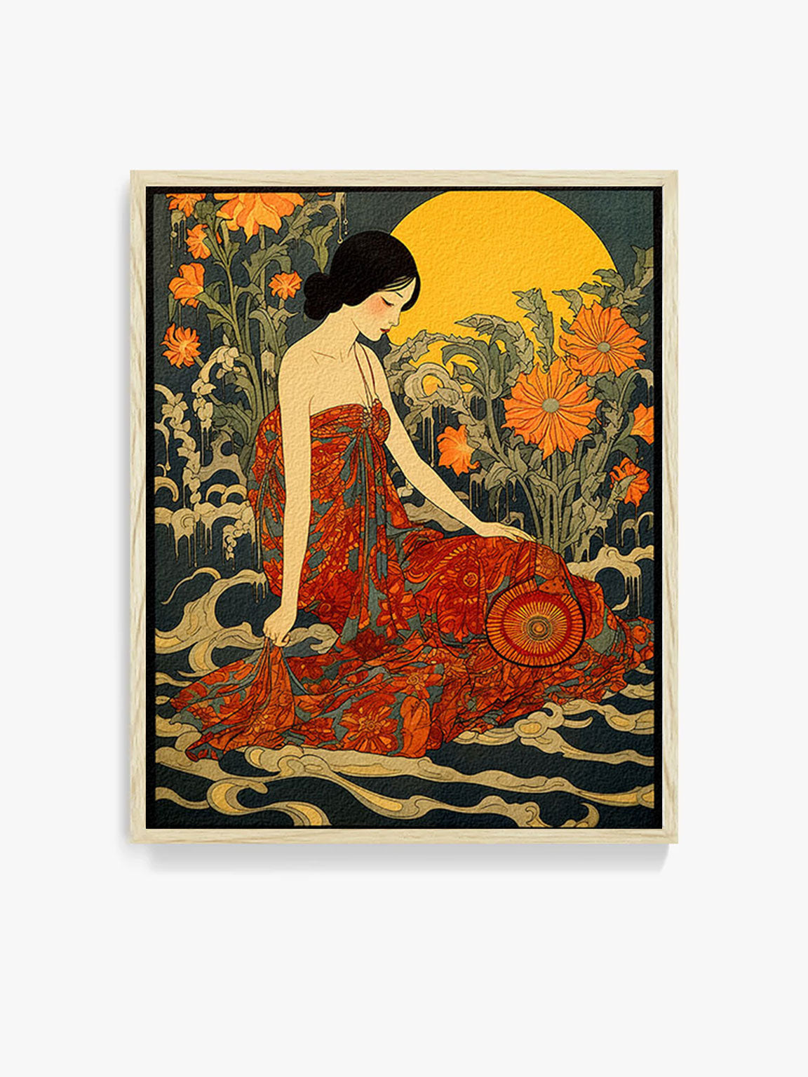 original art print, Vintage Retro Art Style Poster: Woman with Flowers in Orange Tones - Inspired by Art Deco, Fashion, and Classic Movies, Retro Glam Fashion Portrait, Modern Art Deco Print, Eclectic Punk Boho Decor, Vintage Flowers Wall Art, Interior Design, Moody Graphic Art, Retro Glam Fashion Portrait, Modern Art Deco Print, Eclectic Punk Boho Decor, Vintage Flowers Wall Art, Interior Design, Moody Graphic Art, Bathroom Art, Living Room Wall Decor, Art for your Walls