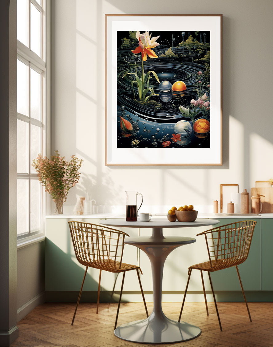 Framed surrealism artwork of a pond scene in a cosmic galaxy with flowers, planets, nature
