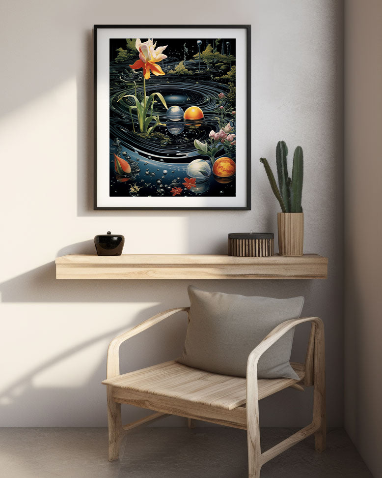 Framed surrealism artwork of a pond scene in a cosmic galaxy with flowers, planets, nature
