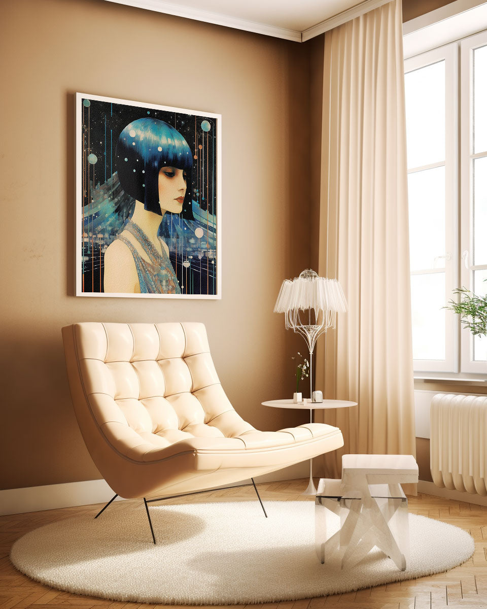 Roaring 20s Art Deco Flapper Portrait Wall Art, Original Art Print, Vintage Painting, Interior Design, Eclectic Mod Boho Decor, Lux Fashion, living room art, bathroom art, office art, bedroom art, fashion glamour, kitchen art, flowers, MCM, midcentury modern, superbloom meadow, screenprint art, vintage gothic art, roaring 20s flapper, blue hair, galaxy, abstract, MCM