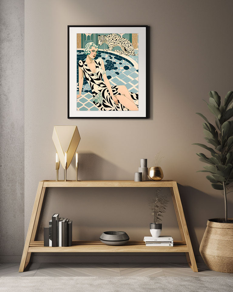 Roaring 20s Art Deco Flapper Portrait Wall Art, Original Art Print, Vintage Painting, Interior Design, Eclectic Mod Boho Decor, Lux Fashion, living room art, bathroom art, office art, bedroom art, fashion glamour, leopard, kitchen art, cat, big cats, leopard print, rockabilly, pinup style, pin up