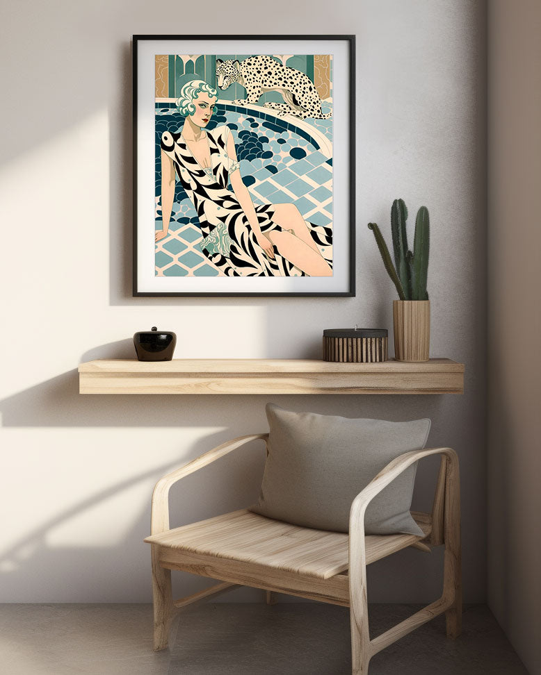 Roaring 20s Art Deco Flapper Portrait Wall Art, Original Art Print, Vintage Painting, Interior Design, Eclectic Mod Boho Decor, Lux Fashion, living room art, bathroom art, office art, bedroom art, fashion glamour, leopard, kitchen art, cat, big cats, leopard print, rockabilly, pinup style, pin up