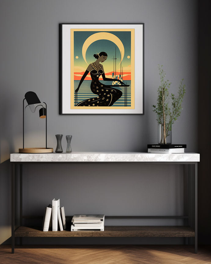 Modern Art Deco Print, Retro Glam Fashion, Eclectic Punk Boho Decor, Vintage Style Wall Art, Moon & Galaxy Interior Design, Graphic Art, Roaring 20s Art Deco Flapper Portrait Wall Art, Original Art Print, Vintage Painting, Interior Design, Eclectic Mod Boho Decor, Lux Fashion, living room art, bathroom art, office art, bedroom art, fashion glamour