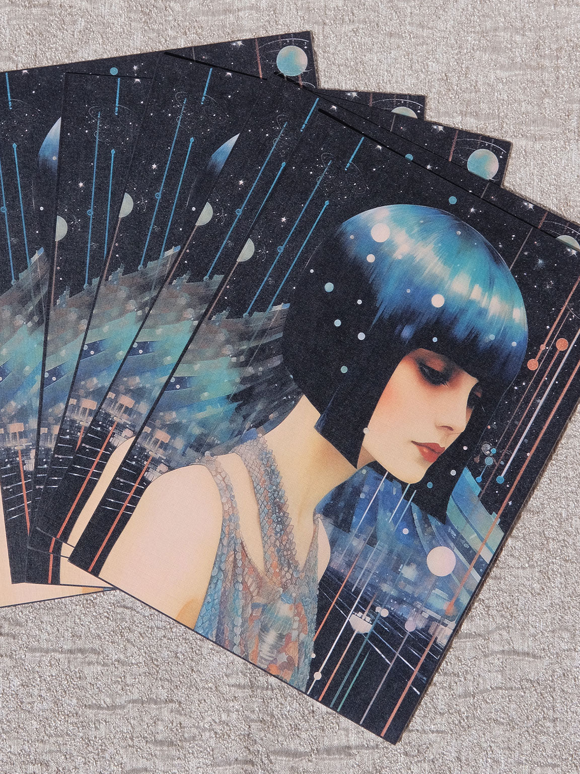5x7" Postcard Art Card Size: blue and black colors, Roaring 20s Art Deco Flapper, Vintage Illustration Design, Eclectic Mod Boho Art, Lux Chic Fashion, Lunar Moon Stars, Galaxy, Zodiac