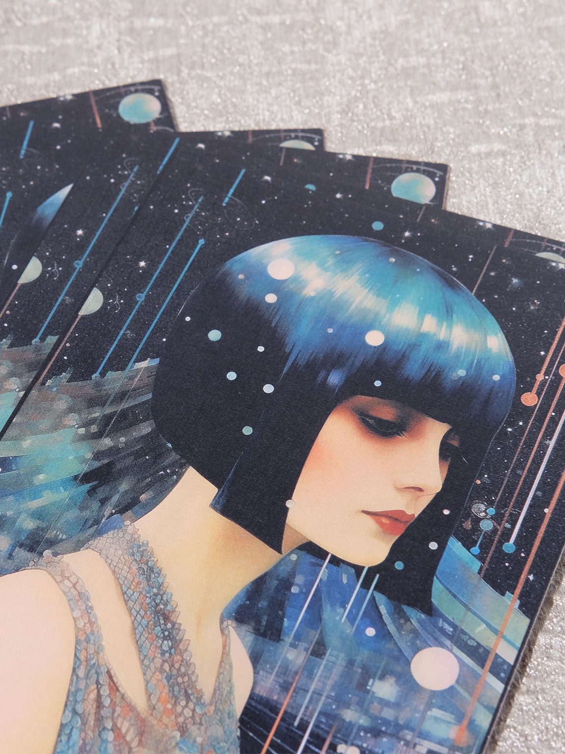 5x7" Postcard Art Card Size: blue and black colors, Roaring 20s Art Deco Flapper, Vintage Illustration Design, Eclectic Mod Boho Art, Lux Chic Fashion, Lunar Moon Stars, Galaxy, Zodiac