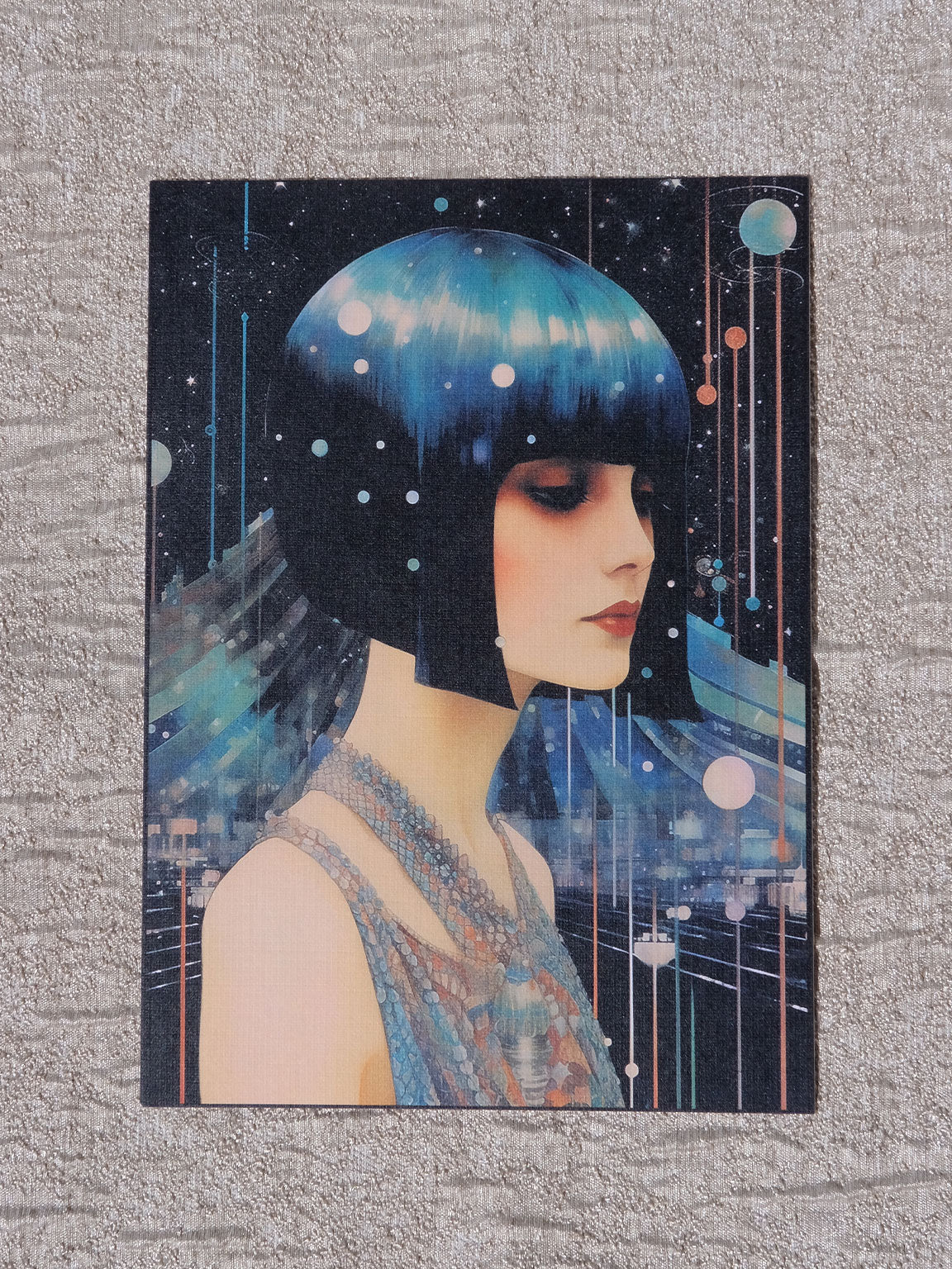 5x7" Postcard Art Card Size: blue and black colors, Roaring 20s Art Deco Flapper, Vintage Illustration Design, Eclectic Mod Boho Art, Lux Chic Fashion, Lunar Moon Stars, Galaxy, Zodiac