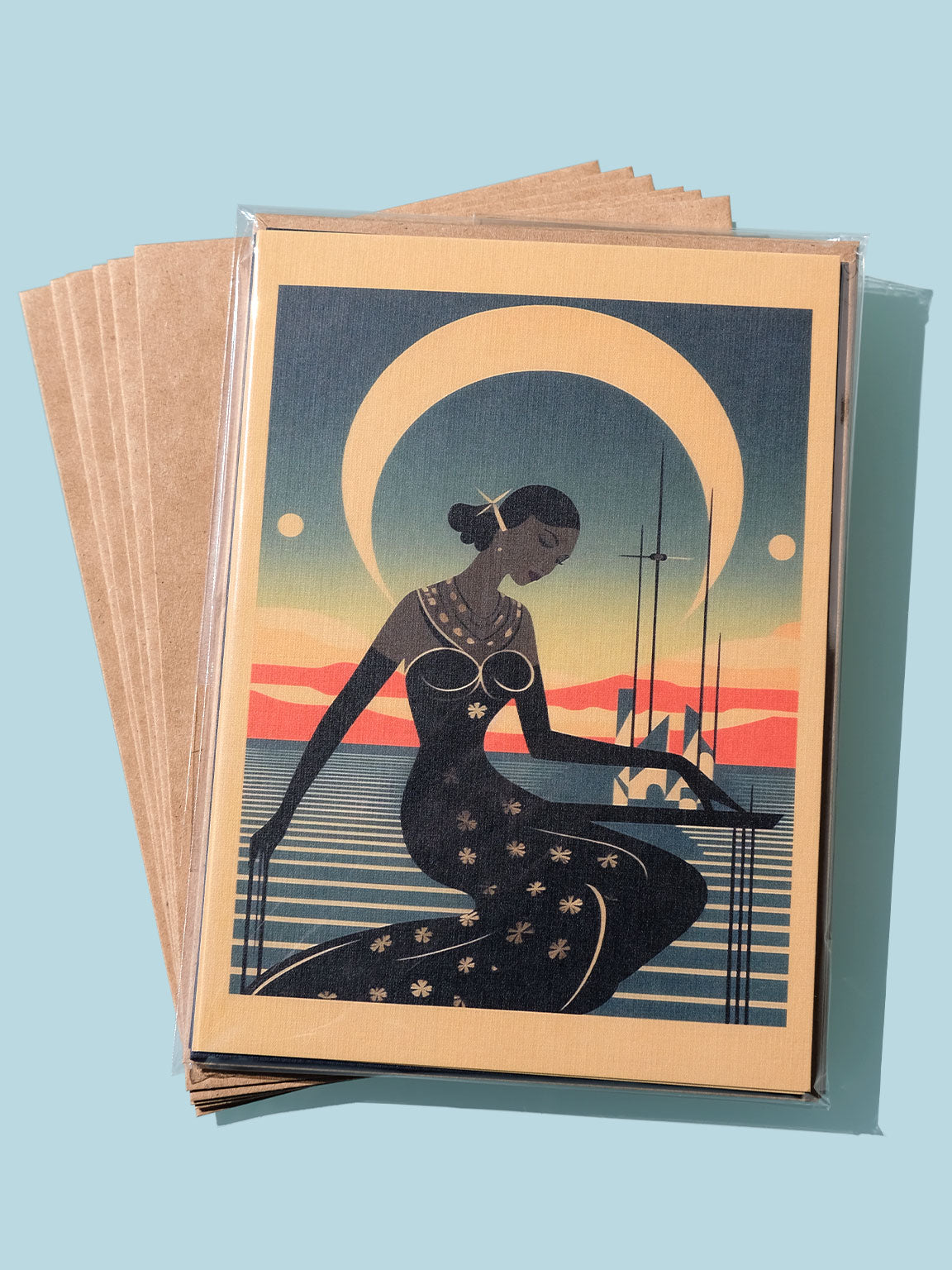 5x7" Postcard Art: Yellow, Blue, Orange, Black, Brown Colors. Roaring 20s Art Deco Flapper, Vintage Illustration Design, Eclectic Mod Boho Art, Lux Chic Fashion, Lunar Moon Stars, Galaxy, Zodiac, Ocean