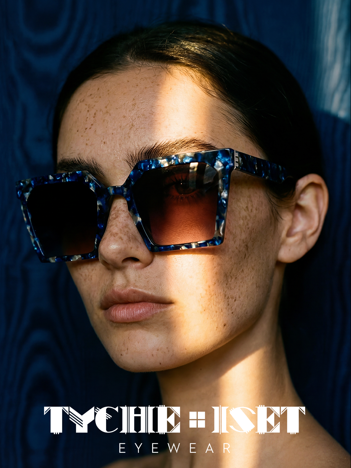 woman wearing blue square sunglasses in water, blue tortoise acetate sunglasses, oversized square glasses, lux accessories, designer eyewear, fashion glasses, art deco design, mythology, woman owned business