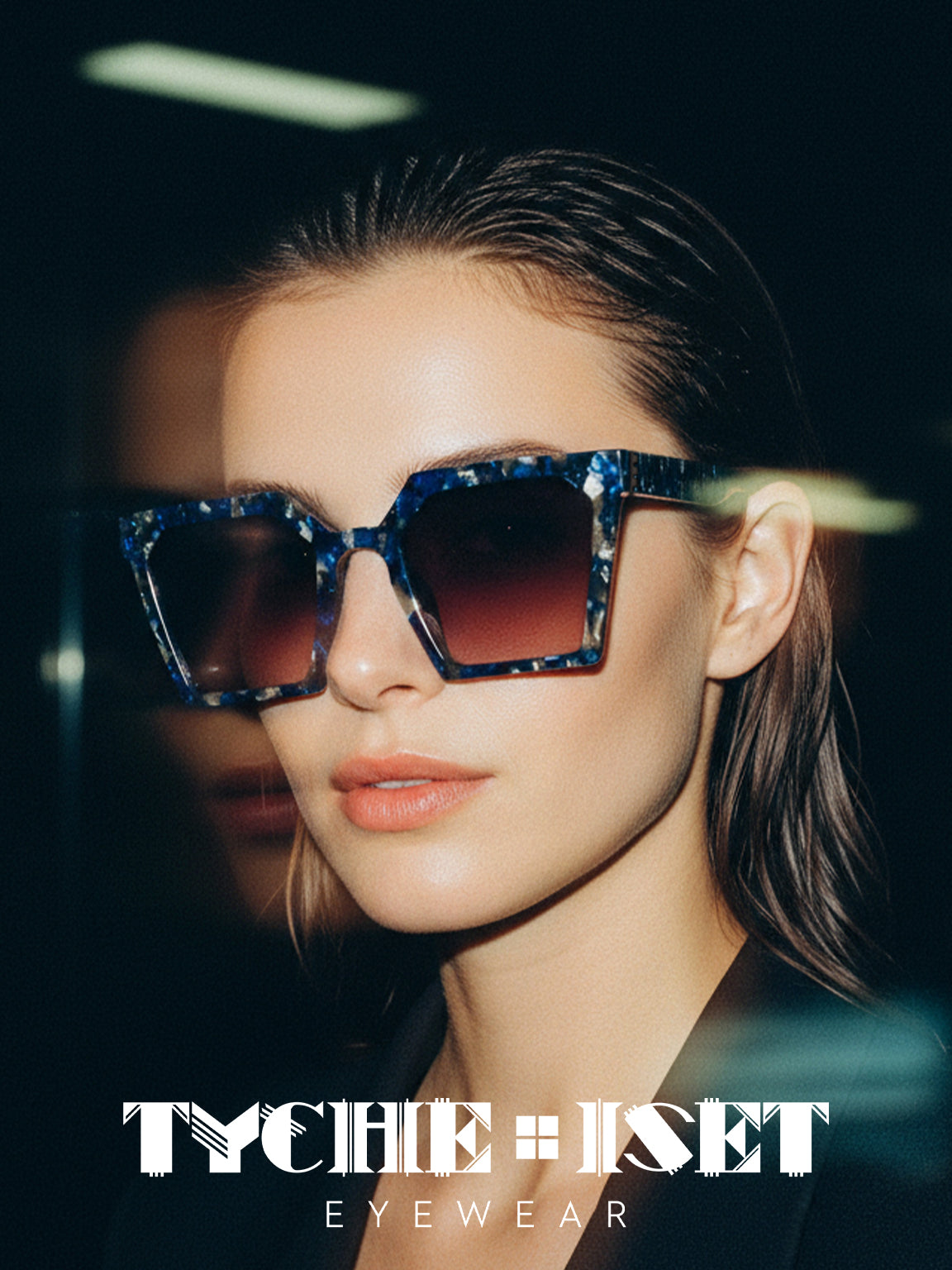 woman wearing blue square sunglasses in water, blue tortoise acetate sunglasses, oversized square glasses, lux accessories, designer eyewear, fashion glasses, art deco design, mythology, woman owned business