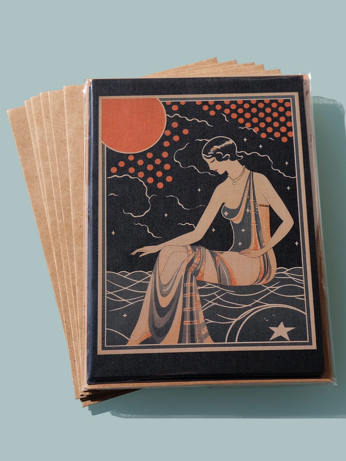 "Orange Velvet", 5x7" Postcard Art Card Size: Black and orange colors, Roaring 20s Art Deco Flapper, Vintage Illustration Design, Eclectic Mod Boho Art, Lux Chic Fashion, Lunar Moon Stars, Galaxy, Zodiac