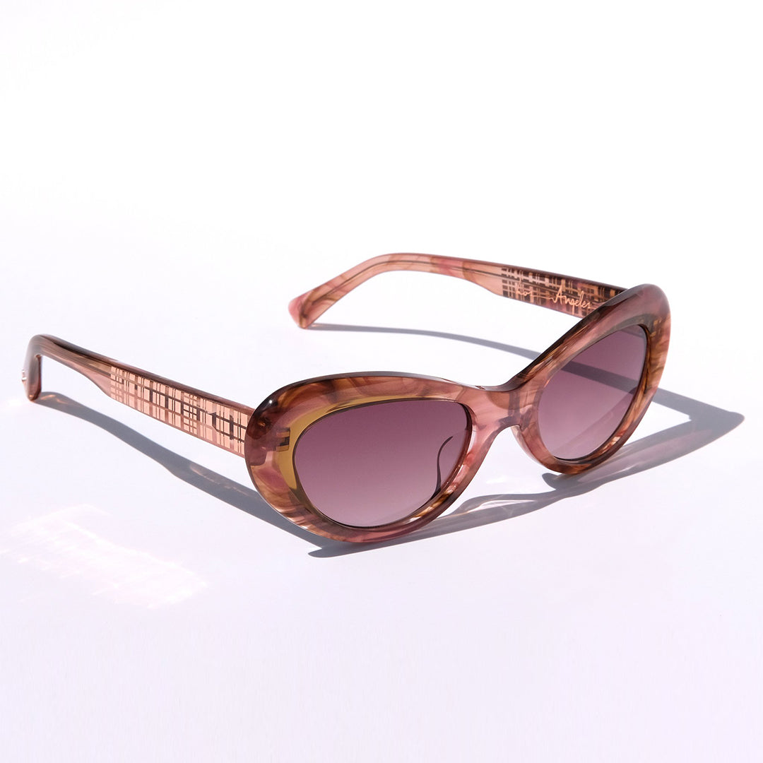 PINK AND CARAMEL BROWN ACCENTS CLASSIC CAT EYE SUNGLASSES, ROSE GOLD METAL DETAILS. MAROON LENS. ART DECO DESIGN, LIMITED EDITION. DESIGNER EYEWEAR, LUXURY SUNGLASSES. CELEBRITY SUNGLASSES. FEMALE ENTREPRENEUR