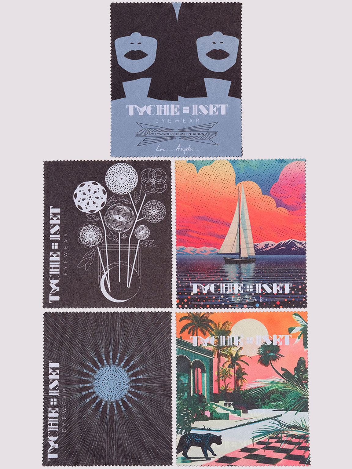 eyewear cleaning cloth, 5 designs, travel accessories, eyewear accessories, microfiber cloth, artwork designs, graphic design, flowers, goddesses, sailboat, sun, moon, wheel, paradise jaguar, aztec mythology, colorful art, original art