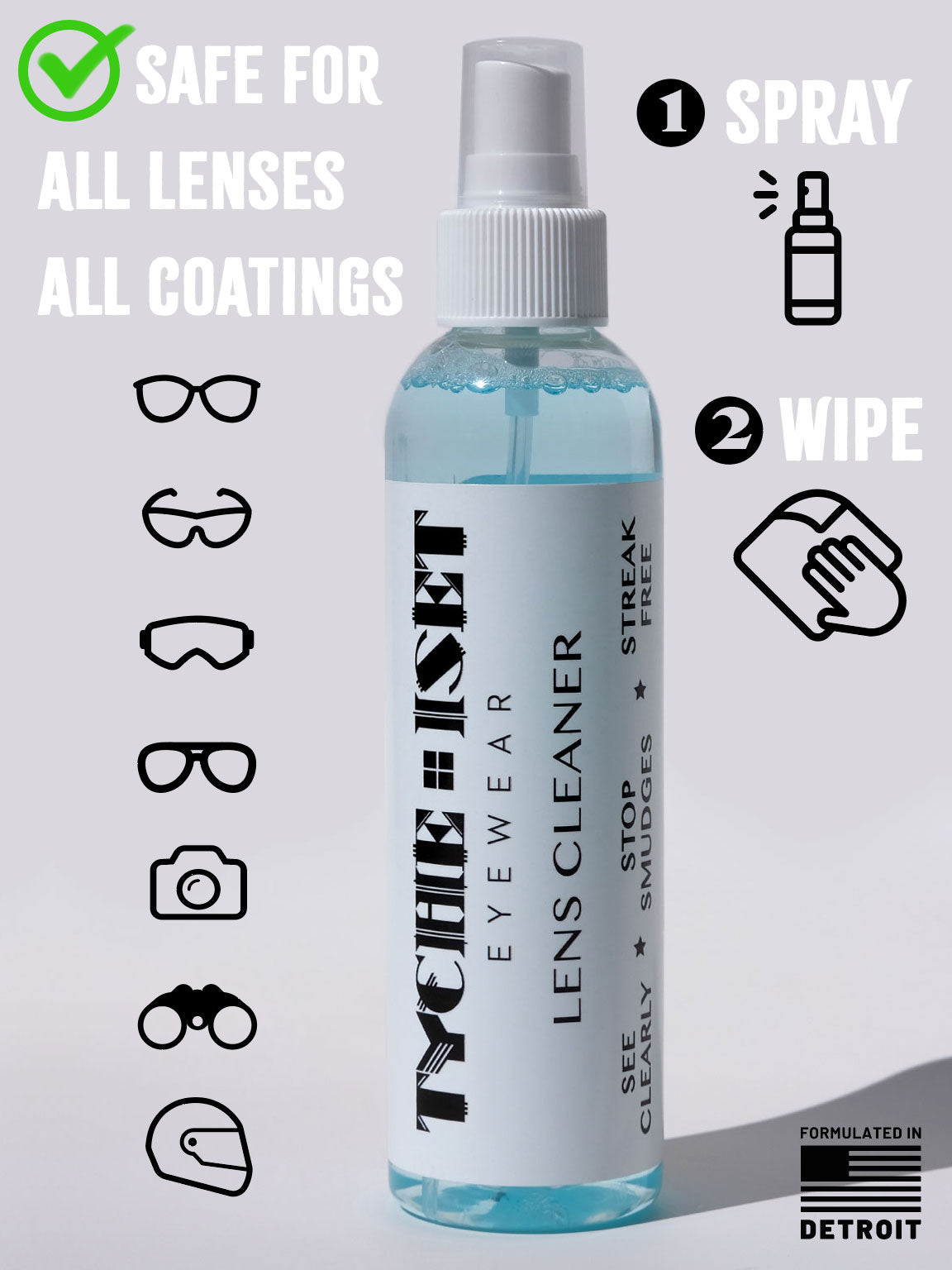 Eye Glasses Lens Cleaner, 6oz Large Bottle, Cleaning Kit for Glasses, Phone, Electronics, Computer Screens, Camera Lens, Safe All Coatings, Silicone-Free, Professional Grade Formula, Optometrist, optician, eyecare professional, woman owned business, travel kit essentials, made in usa