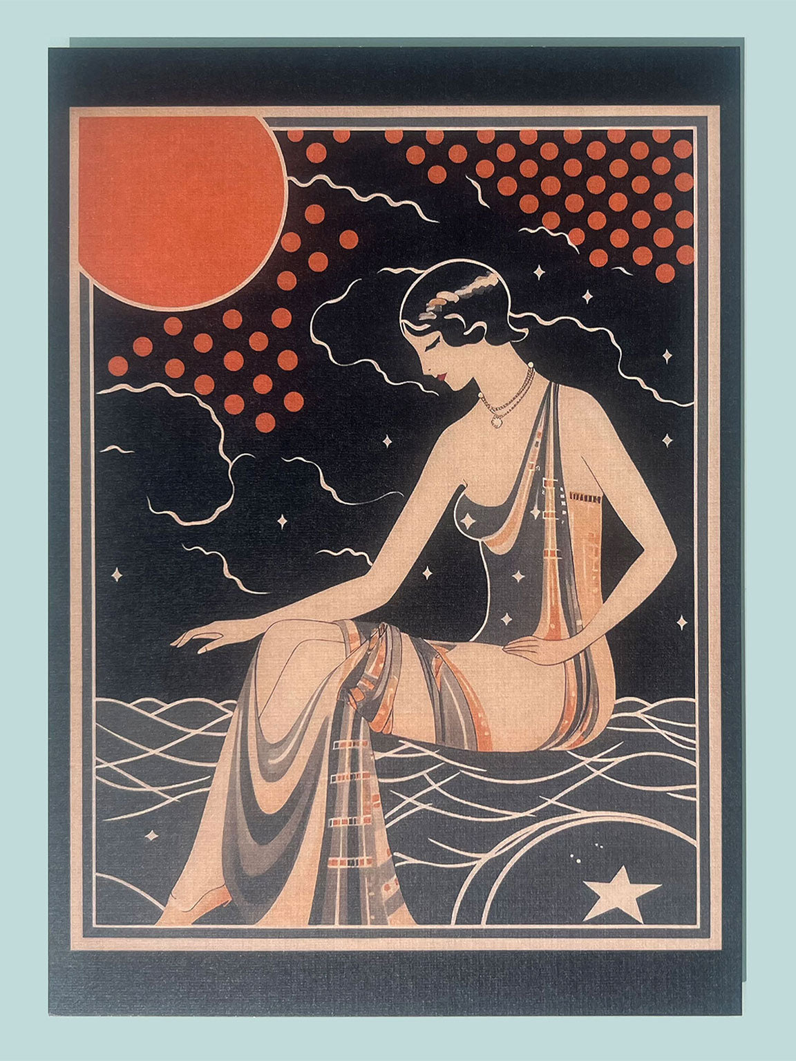 5x7" Postcard Art Card Size: Black and orange colors, Roaring 20s Art Deco Flapper, Vintage Illustration Design, Eclectic Mod Boho Art, Lux Chic Fashion, Lunar Moon Stars, Galaxy, Zodiac