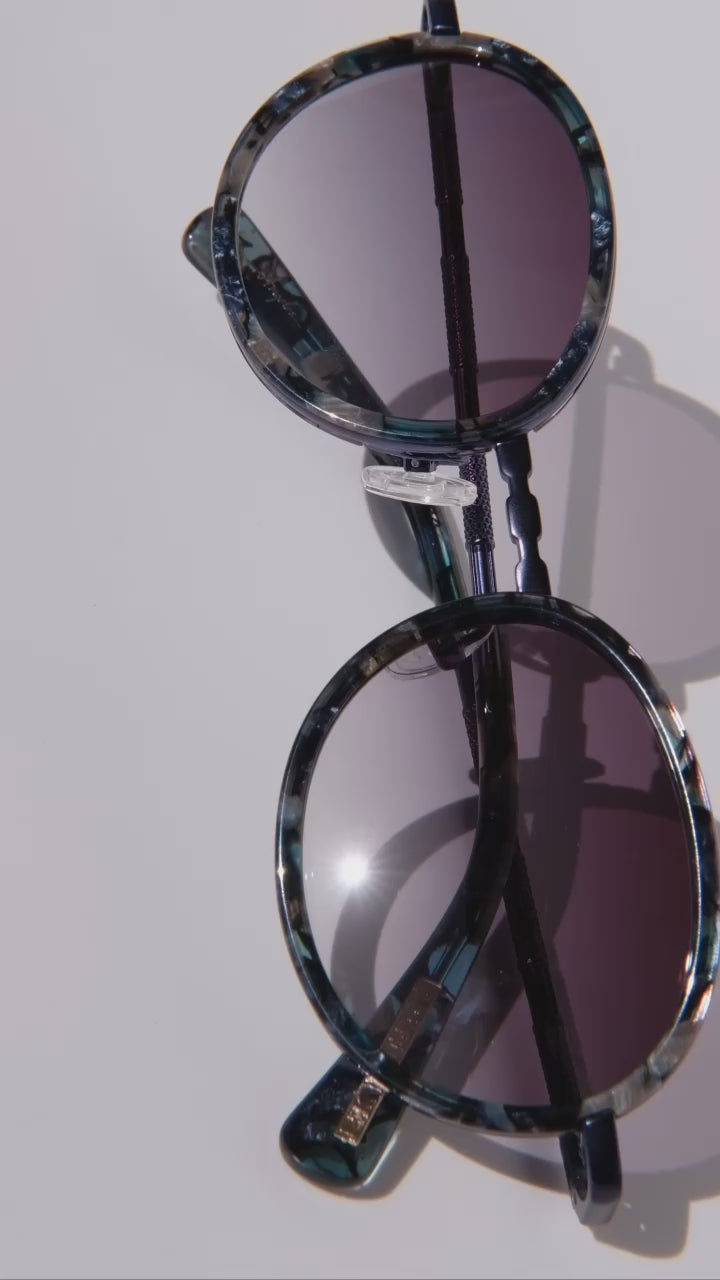 NAVY BLUE CLASSIC UNISEX OVAL SUNGLASSES, BLUE METAL DETAILS. BLUE GRADIENT LENS. ART DECO DESIGN, LIMITED EDITION. DESIGNER EYEWEAR, LUXURY SUNGLASSES. CELEBRITY SUNGLASSES. FEMALE ENTREPRENEUR.