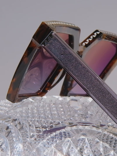 Double Down in Sequoia, silver metal temple design, sandblasted silver wire core, oversized square sunglasses, 70s vibes, viper, brown striped sunglasses, double down, luxury sunglasses, oversized square glasses, designer eyewear, blue glasses, black glasses, brown glasses, gemstone inspired eyewear, mythology, art deco, goddesses, woman owned business
