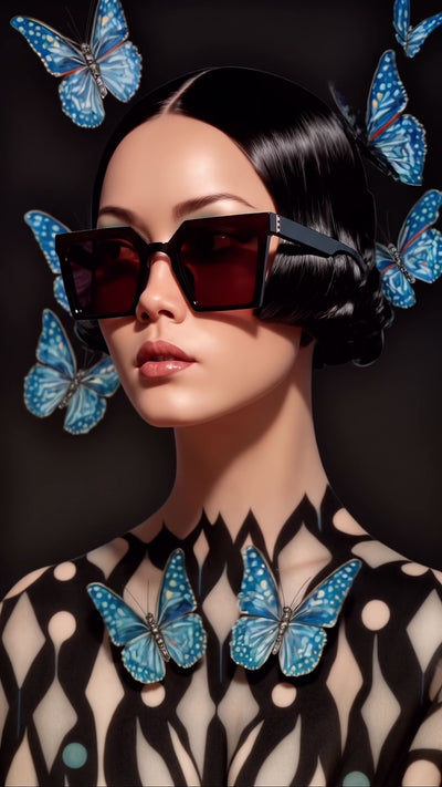 female model wearing glossy black square framed sunglasses with gold metal detailing, butterflies flap their wings and fly away