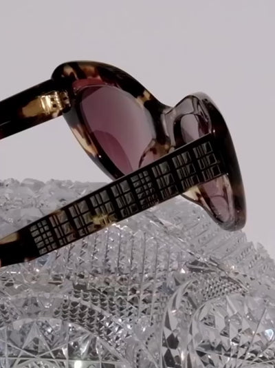 BROWN TORTOISE AND MAROON ACCENTS CLASSIC CAT EYE SUNGLASSES, GOLD METAL DETAILS. RED-BROWN LENS. ART DECO DESIGN, LIMITED EDITION. DESIGNER EYEWEAR, LUXURY SUNGLASSES. CELEBRITY SUNGLASSES. FEMALE ENTREPRENEUR.