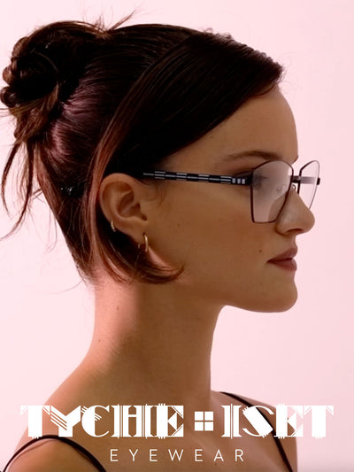 Optical Frame, Glasses, Rx Glasses, Eyewear, Luxury Eyewear, Independent Eyewear Designer, Tyche Iset, Celebrity Style, Black glasses, black eyewear, d-frame, unisex style, women's glasses, men's glasses, mythology, woman owned business, small business, art deco